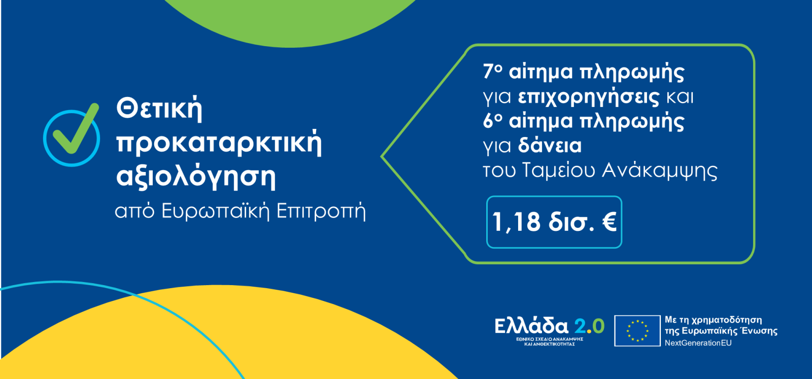 Θετική αξιολόγηση της Ευρωπαϊκής Επιτροπής για το διπλό αίτημα πληρωμής της Ελλάδας ύψους 1,18 δισ. ευρώ από το Ταμείο Ανάκαμψης και Ανθεκτικότητας